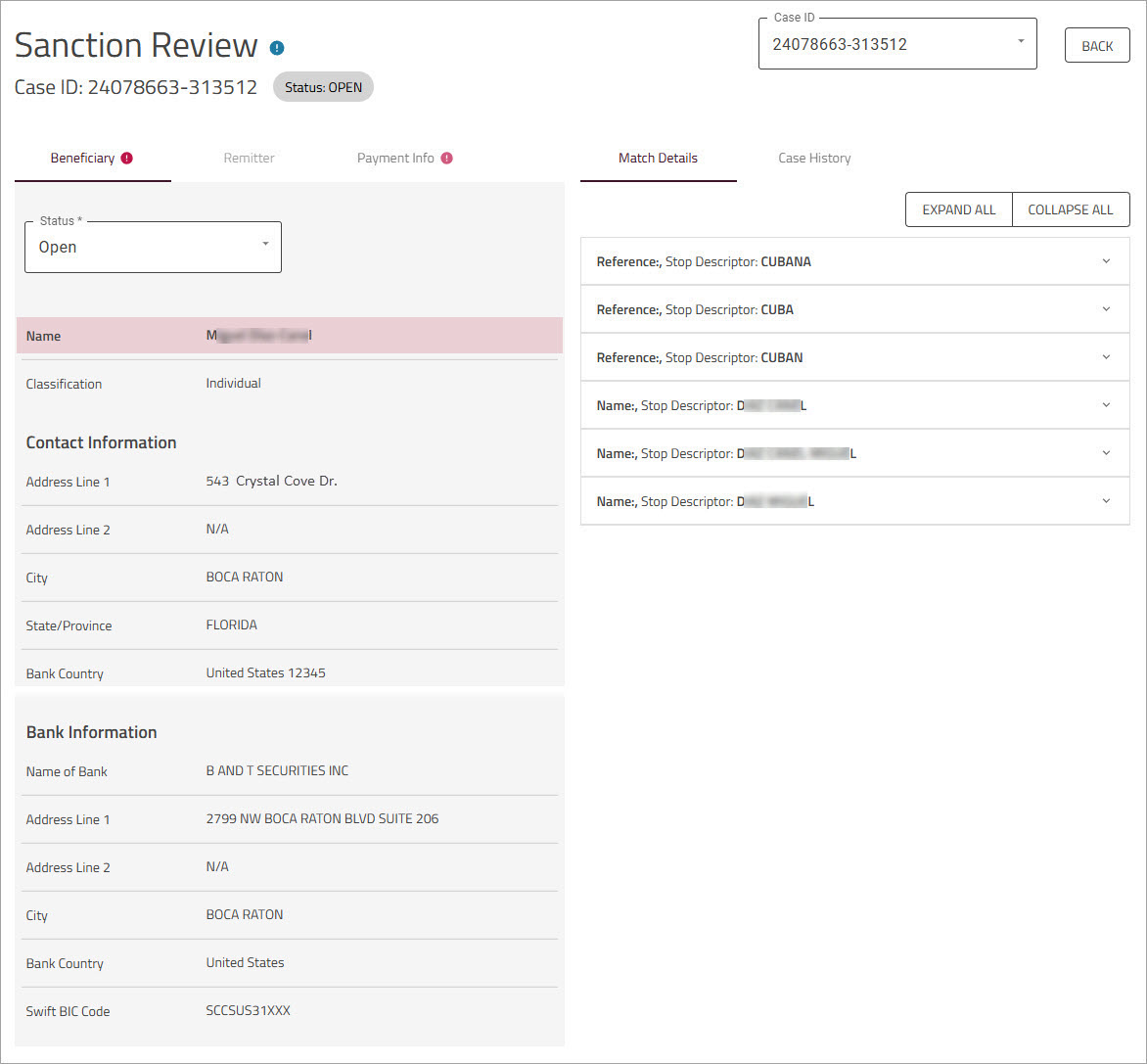 Sanction Review page Beneficiary tab